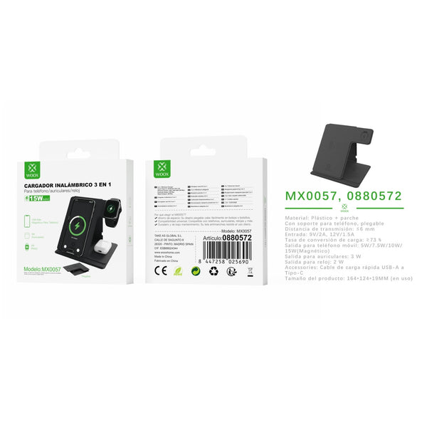 Cargador inalmbrico 3 en 1 de 15 W para telfono, 5W para auriculares y 3 W para reloj, c - MX0057