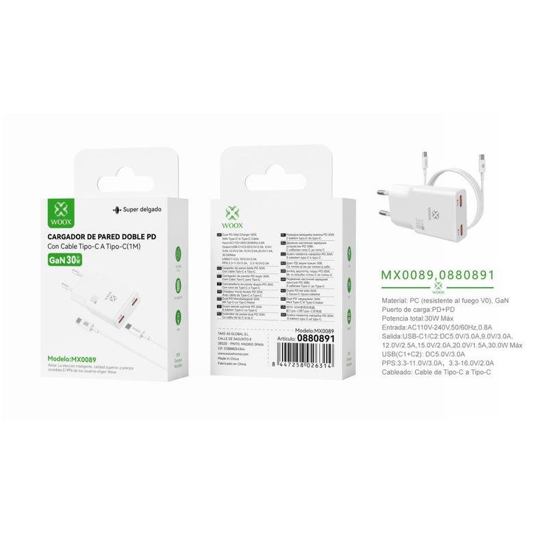 Cargador de pared UE PD+PD GaN 30 W con cable C-C (blanco) - MX0089 BL