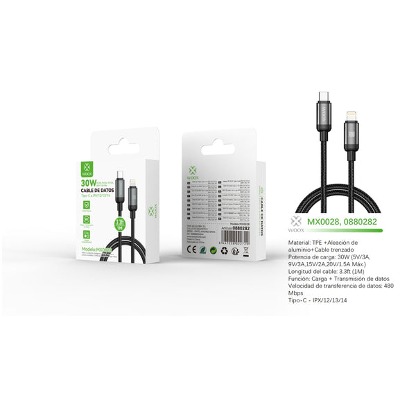 Cable de datos Tipo-C a Lightning 30W 1m - negro - MX0028 NE