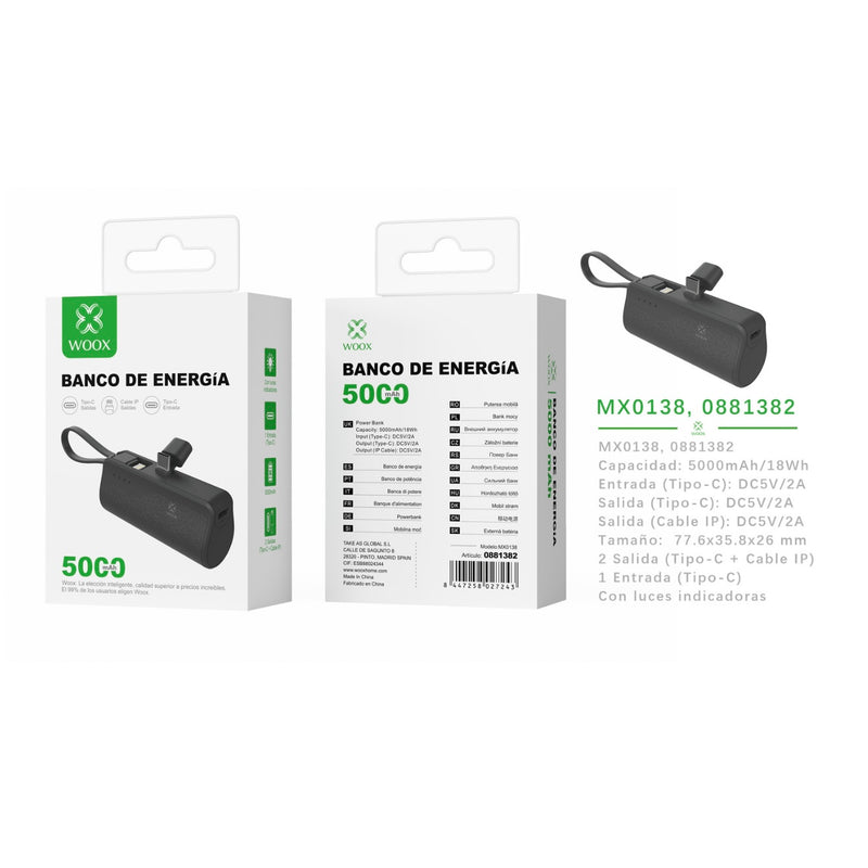 Banco de energia 5000 mAh 5 V 2 A con cable IP y adaptador tipo C ABS + PC (negro) - MX0138 NE