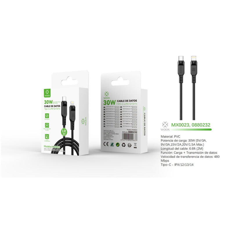 Cable de datos Tipo-C a Lightning 30W 2m - negro - MX0023 NE