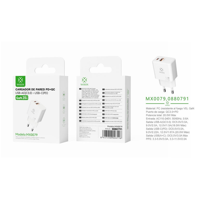 Cargador de pared UE QC+PD GaN 20 W sin cable - blanco - MX0079 BL