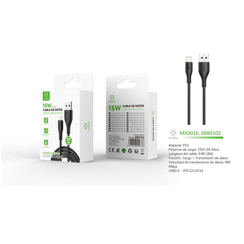 Cable de datos USB a Lightning 15 W 3 m - negro - MX0010 NE