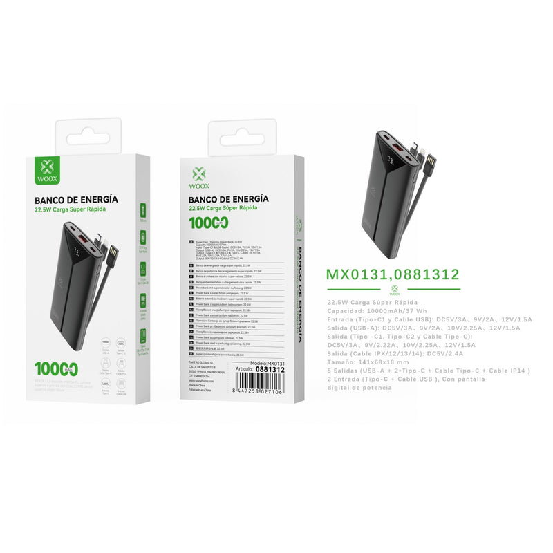 Banco de energia 10000 mAh 22,5 W con 3 cables ABS+PC (negro) - MX0131 NE