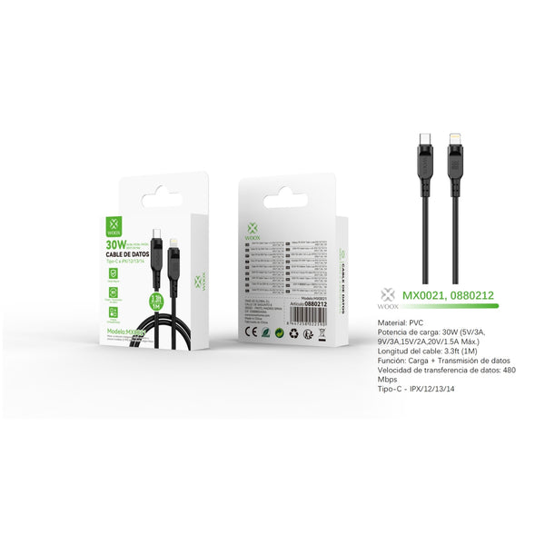 Cable de datos Tipo-C a Lightning 30W 1m -negro - MX0021 NE