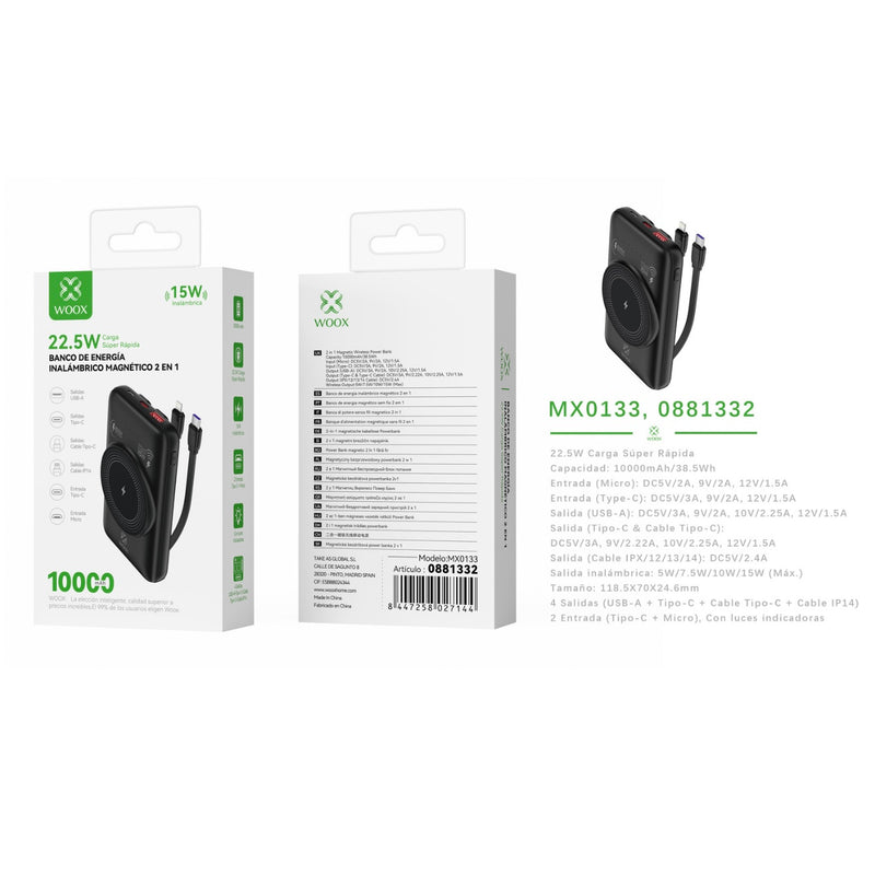 Banco de energia 2 en 1 y carga inalambrica 10000 mAh 22,5 W, carga inalambrica 15 W con 2 negro - MX0133 NE
