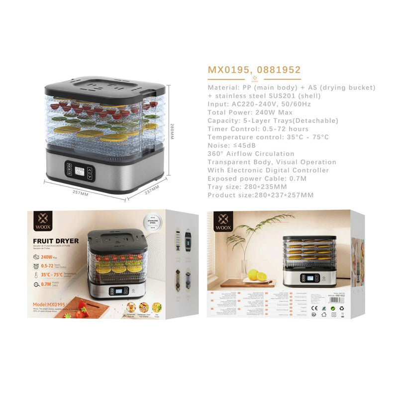 Secador de frutas 400W 5 capas 270*235*260mm con controlador digital electronico - negro - MX0195