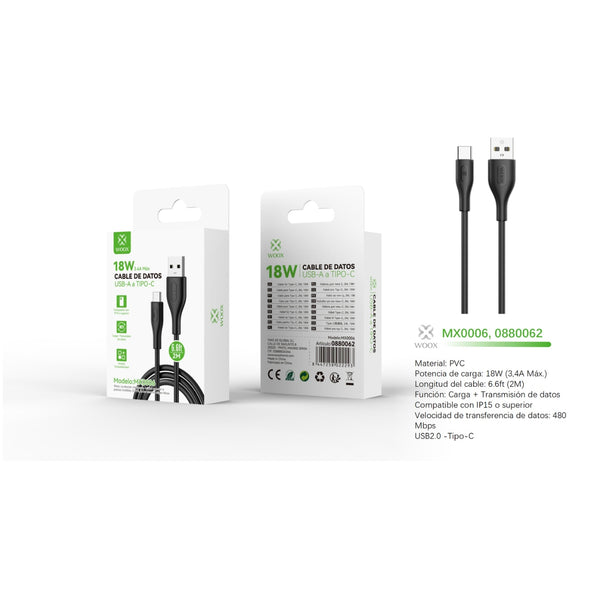 Cable de datos USB a tipo C 18 W 2 m Preto - MX0006 NE