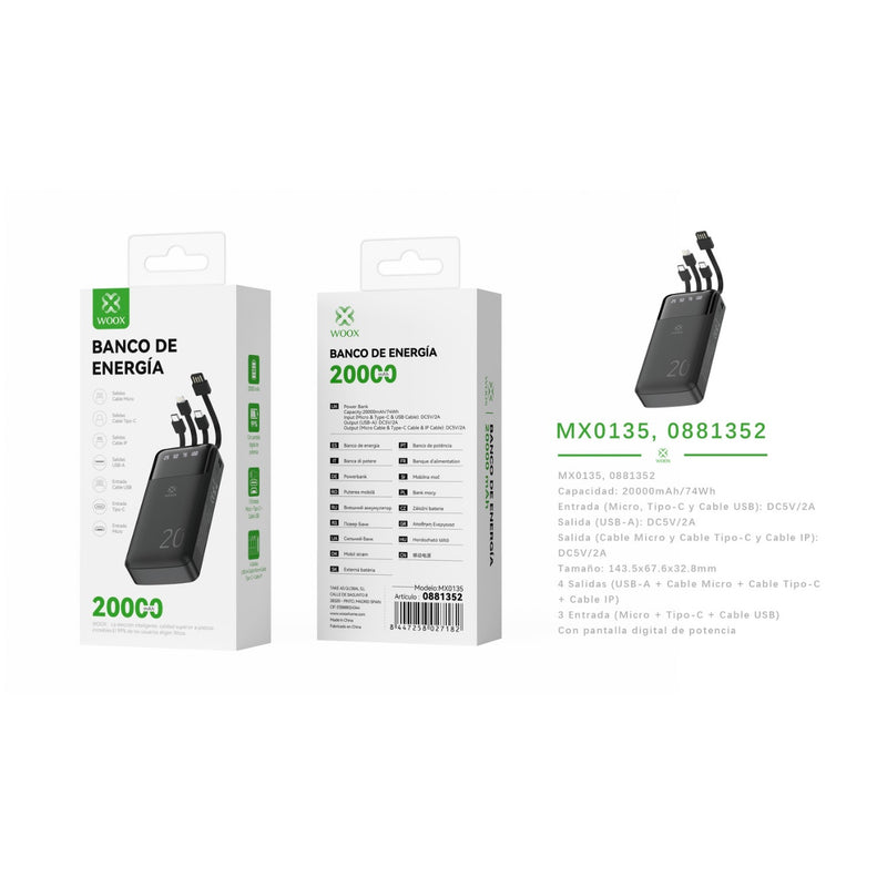 Banco de energia 20000 mAh 5 V 2 A con 4 cables ABS + PC (negro) - MX0135 NE