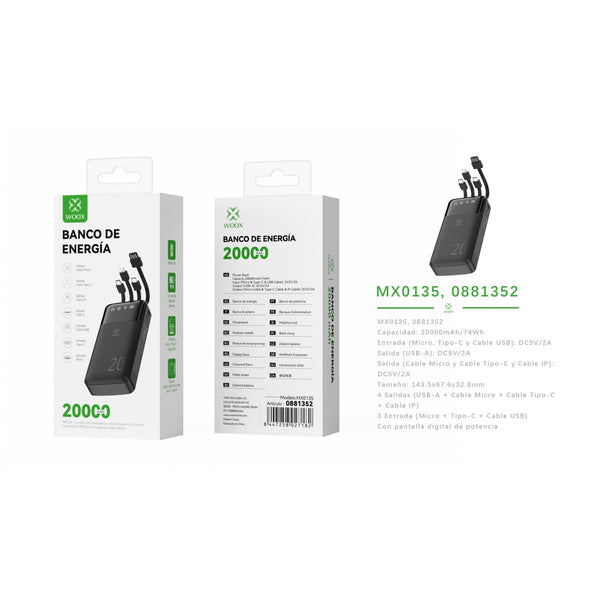 Banco de energia 20000 mAh 5 V 2 A con 4 cables ABS + PC (negro) - MX0135 NE