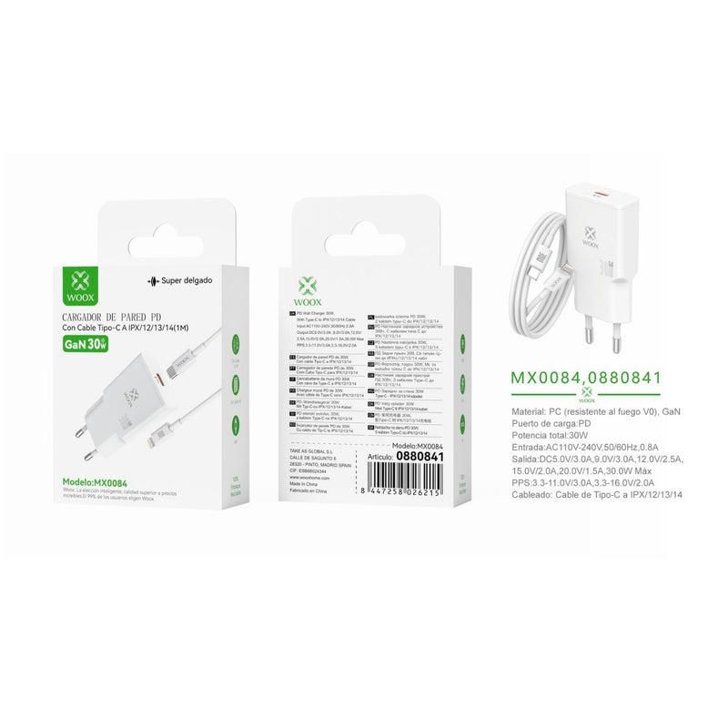 Cargador de pared GaN PD ¨2nico UE de 30 W con cable C-Lightning (blanco) - MX0084 BL