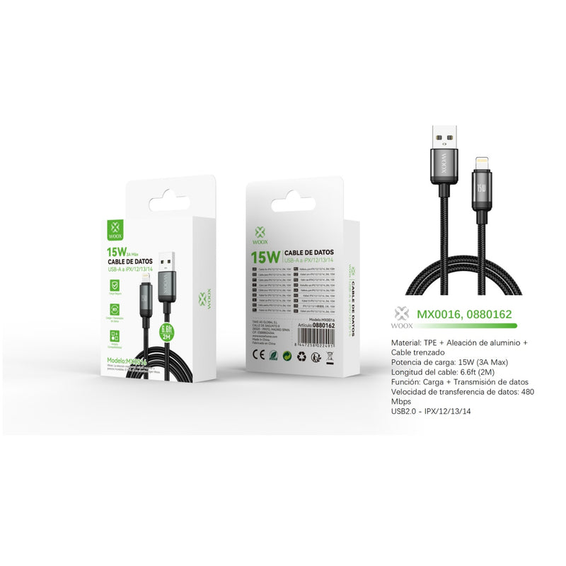 Cable de datos USB a Lightning 15W 2m-negro - MX0016 NE