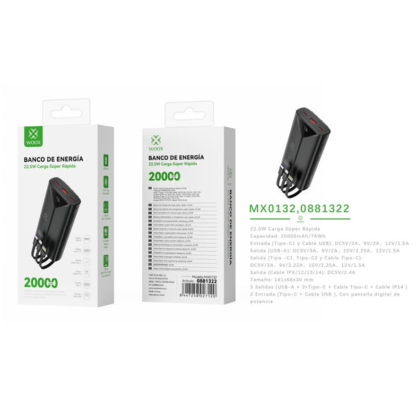 Banco de energia 20000 mAh 22,5 W con 3 cables ABS+PC (negro) - MX0132 NE