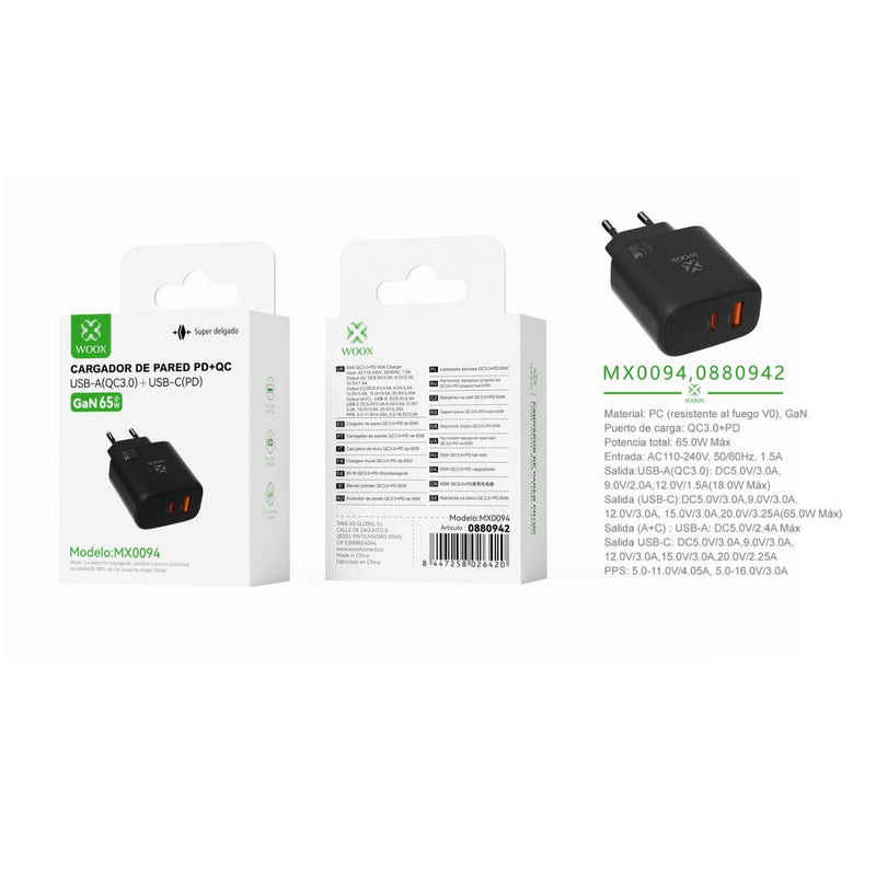 Cargador de pared GaN UE QC+PD 65 W sin cable - negro - MX0094 NE