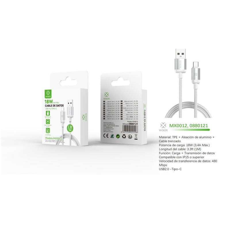 Cable de datos USB a tipo C 18 W 1 m blanco - MX0012 BL