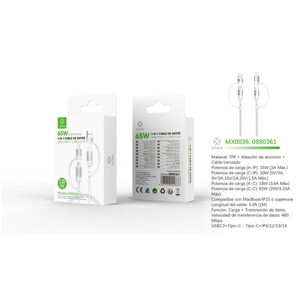 Cable de datos 4 en 1 USB+Tipo C a Tipo C+Lightning 65W 1 m - Blanco - MX0036 BL