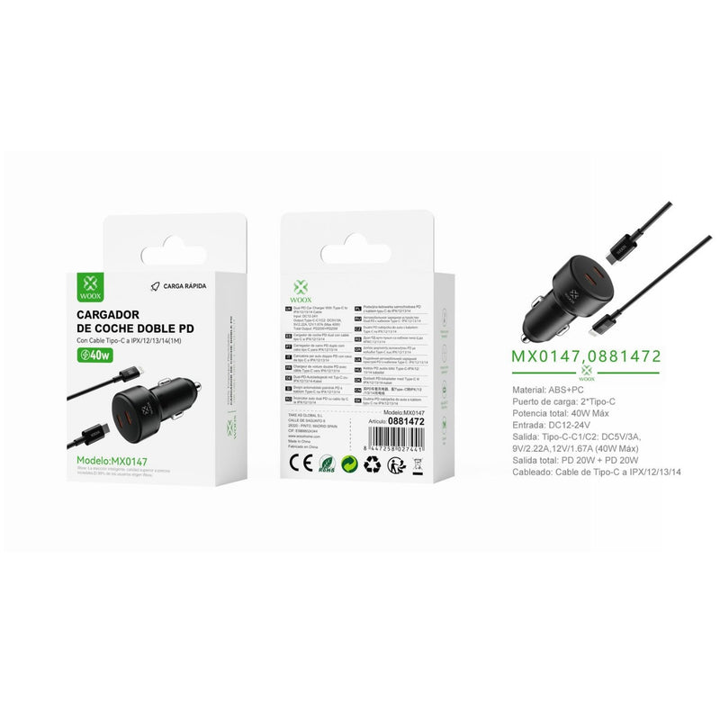 Cargador de coche PD+PD de 40W con cable C- Lightning (negro) - MX0147 NE