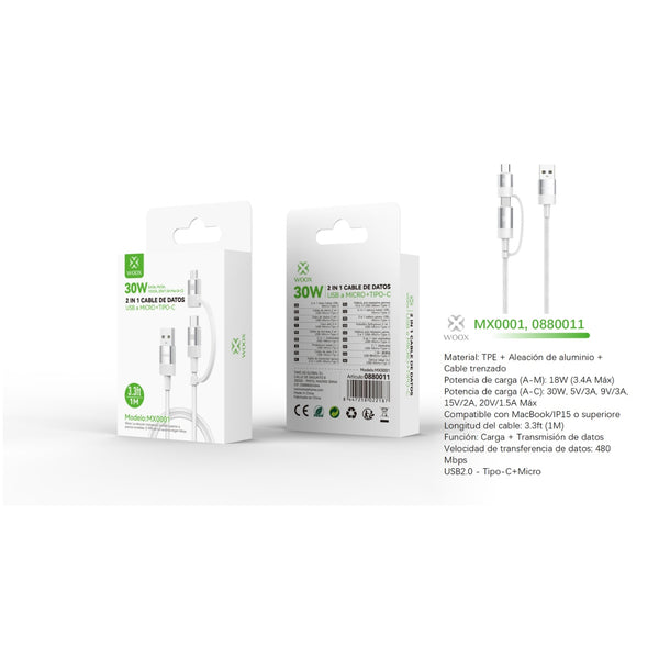 Cabo de dados USB para Micro + Tipo C 2 em 1 30 W 1 m - Branco - MX0001 BL