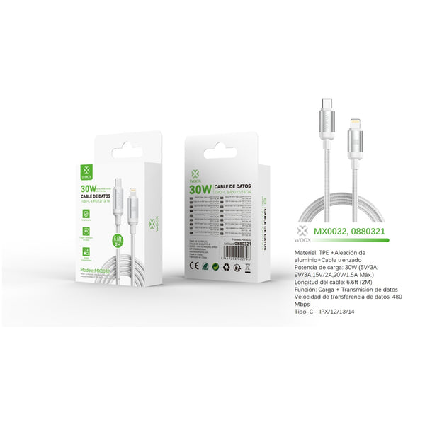 Cable de datos Tipo-C a Lightning 30W 2m - BLANCO - MX0032 BL