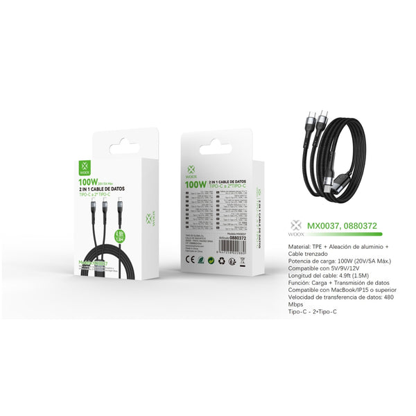 Cable de datos Tipo-C a Tipo-C 100W 1,5 m - MX0037 NE