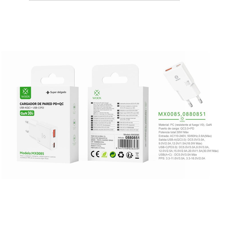 Cargador de pared UE QC+PD GaN 30 W sin cable blanco - MX0085 BL