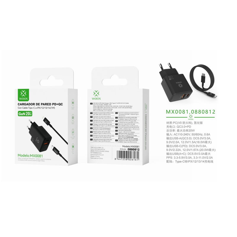 Cargador de pared UE QC+PD GaN de 20 W con cable C-Lightning (negro) - MX0081 NE