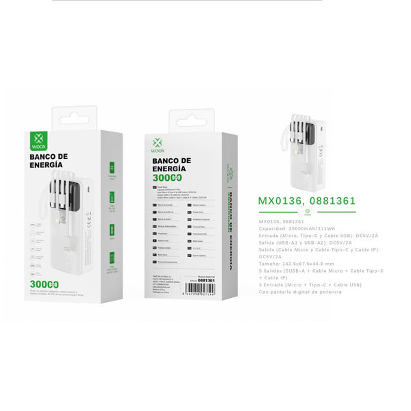 Banco de energia 30000 mAh 5 V 2 A con 4 cables ABS + PC - blanco - MX0136 BL