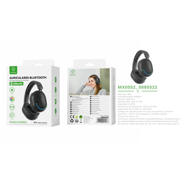 Auriculares inal ¨¢mbricos V5.3 JL6955 400 mAhFM/Bluetooth/AUX-negro - MX0052 NE
