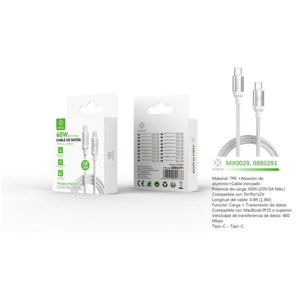 Cable de datos Tipo-C a Tipo-C 60W 1,5 m - blanco - MX0029 BL