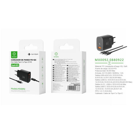 45 W UE QC+PD GaN wall charger with DC cable (black) - MX0092 NE