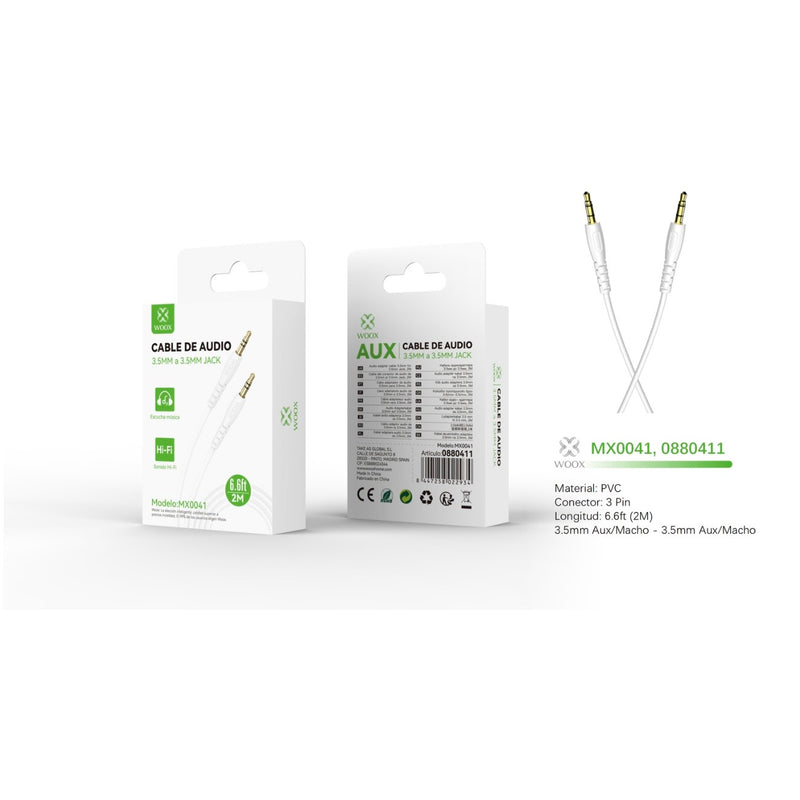 Cable de Audio 3.5mm Aux a 3.5mm Aux 2m-Blanco - MX0041 BL