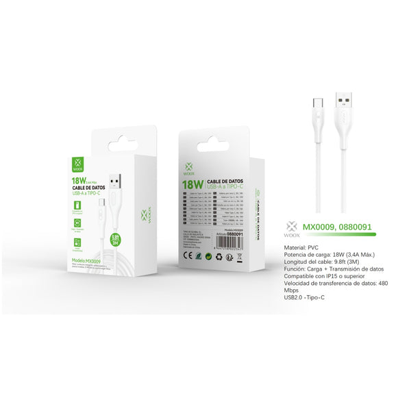 Cabo de dados USB para tipo C 18 W 3 m branco - MX0009 BL