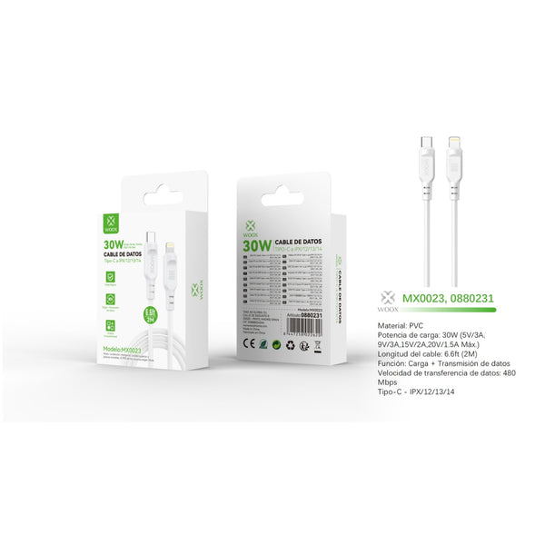 Cable de datos Tipo-C a Lightning 30W 2m - blanco - MX0023 BL