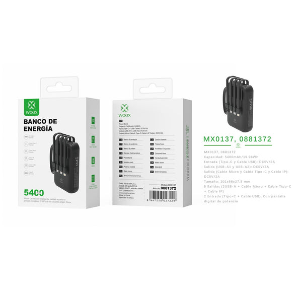 Banco de energia 5400 mAh 5 V 2 A con 4 cables ABS + PC (negro) - MX0137 NE