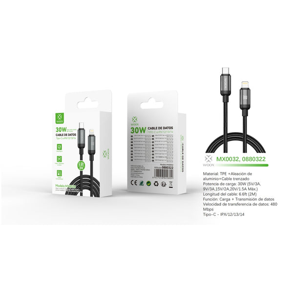 Cable de datos Tipo-C a Lightning 30W 2m - NEGRO - MX0032 NE