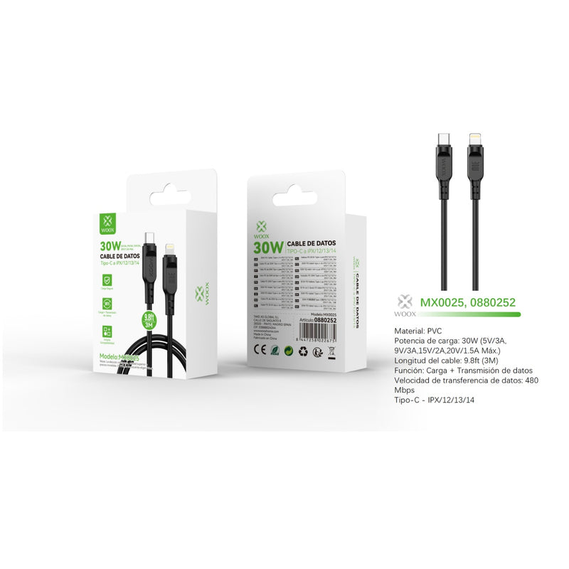 Cable de datos Tipo-C a Lightning 30W 3m - Negro - MX0025 NE