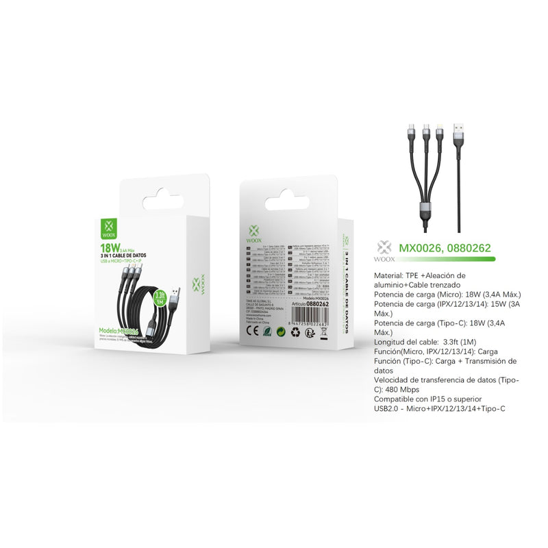 Cable de datos 3 en 1 USB a Micro+Tipo C+Lightning 18 W 1 m - Negro - MX0026