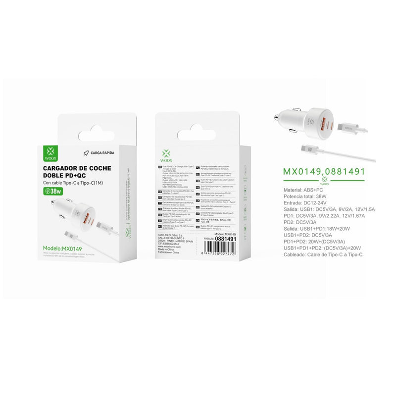 Cargador de coche PD*2+QC de 38 W con cable C- C (blanco) - MX0149 BL