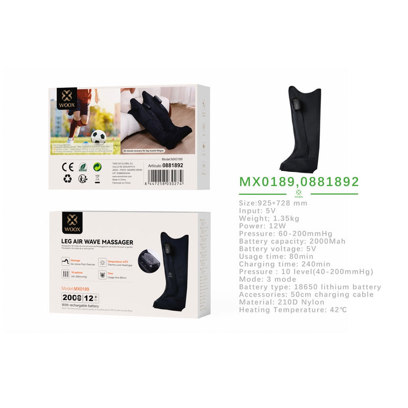 Masajeador de piernas recargable con compresion de aire, 12 W, 2000 mAh, color negro - MX0189