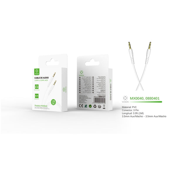 Cable de Audio 3.5mm Aux a 3.5mm Aux 1m-Blanco - MX0040 BL