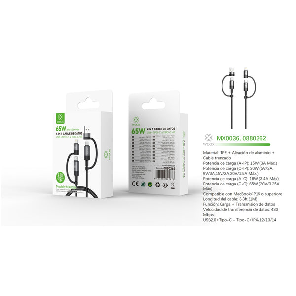 Cable de datos 4 en 1 USB+Tipo C a Tipo C+Lightning 65W 1 m - Negro - MX0036 NE