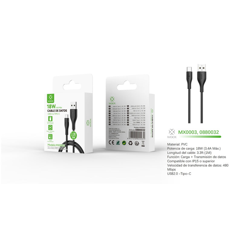 Cabo de dados USB para tipo C 18 W 1 m Preto - MX0003 NE