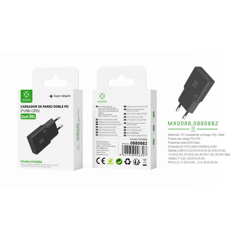 Cargador de pared EU PD+PD GaN 30 W sin cable (negro) - MX0088 NE