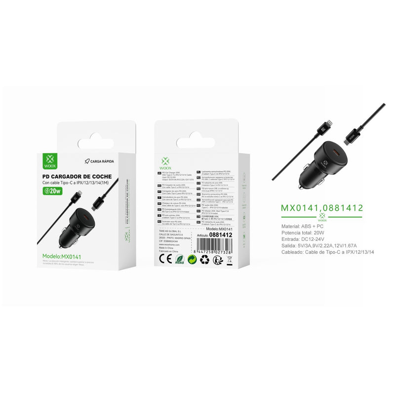 Cargador de coche PD individual de 20 W con cable C-Lightning (negro) - MX0141 NE