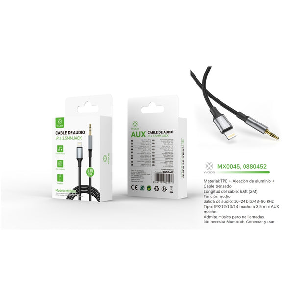 Cable de audio de 3,5 mm auxiliar a Lightning, Plug&Play, 2 m, negro - MX0045
