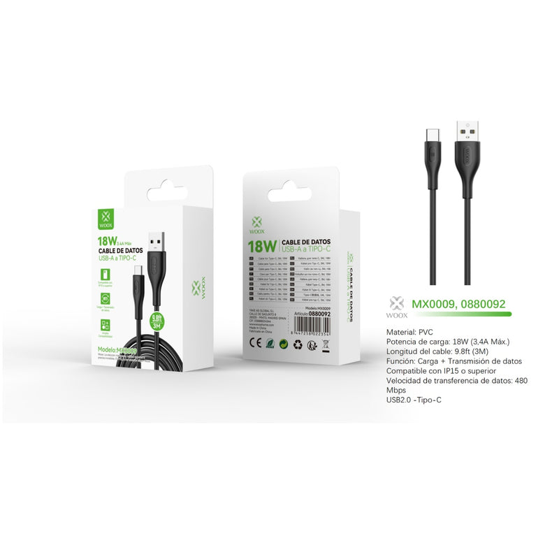 Cabo de dados USB para tipo C 18 W 3 m preto - MX0009 NE