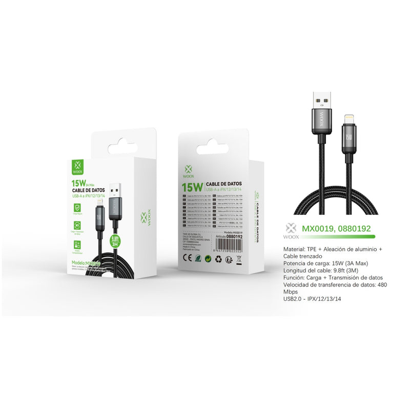 Cable de datos USB a Lightning 15 W 3 m - negro - MX0019 NE