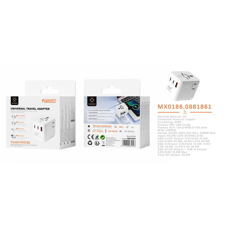 Adaptador de viaje universal PD 20W con 2 puertos Tipo-C + 1 USB - blanco - MX0186