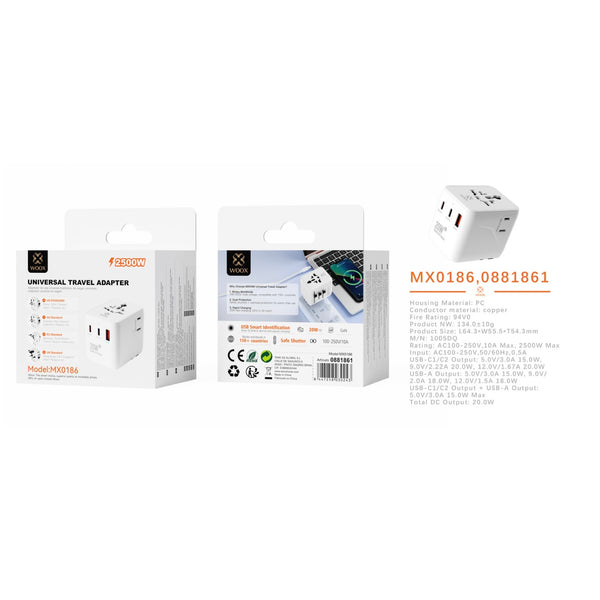 Adaptador de viaje universal PD 20W con 2 puertos Tipo-C + 1 USB - blanco - MX0186