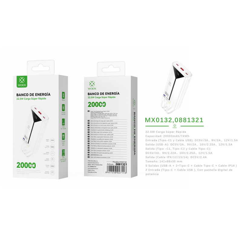 Banco de energia 20000 mAh 22,5 W con 3 cables ABS+PC-blanco - MX0132 BL